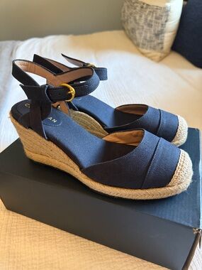 Cole Haan Navy Espadrille Wedge Sandals with Ankle Strap